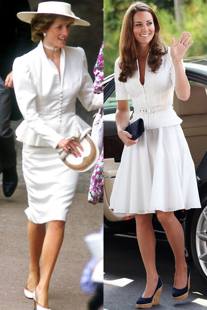 Công nương Diana và con dâu Kate Middleton chọn kiểu áo peplum cổ V kết hợp chân váy trên nền họa tiết kẻ. Cả hai toát lên vẻ đẹp thanh lịch, duyên dáng và quý phái.