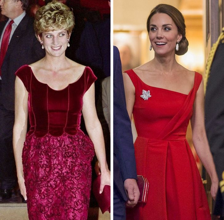 Công nương Diana và con dâu Kate Middleton quý phái và thanh lịch trong chiếc váy màu đỏ.