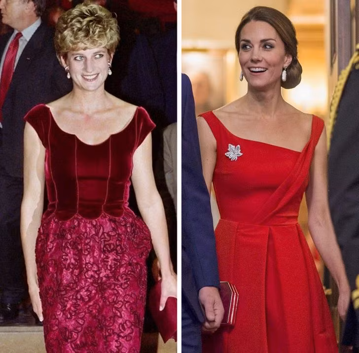 Công nương Diana và con dâu Kate Middleton quý phái và thanh lịch trong chiếc váy màu đỏ.