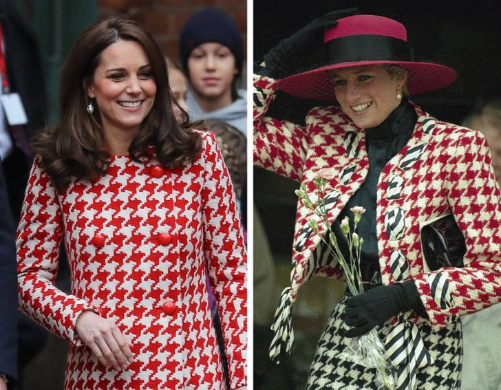 Công nương Kate Middleton có gu ăn mặc ảnh hưởng nhiều từ phong cách thời trang thanh lịch, duyên dáng của mẹ chồng. Công nương Diana từng nổi bật trong bộ trang phục của Moschino thuộc BST Xuân - Hè 1990. Vào năm 2018, công nương Kate diện trang phục họa tiết Houndstooth có màu sắc tương tự trong chuyến thăm Thụy Điển.