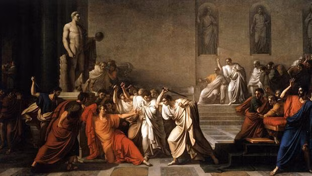 Vào ngày 15/3 năm 44 trước Công nguyên, Caesar bị ám sát tại Viện nguyên lão Pompey. Khi đang ngồi trên ghế chủ trì cuộc họp hội đồng nghị sĩ La Mã, 60 thượng nghị sĩ La Mã tự nhận là Liberators (phe tự do) do Gaius Cassius Longinus và Marcus Junius Brutus cầm đầu dùng dao đâm chết Caesar.