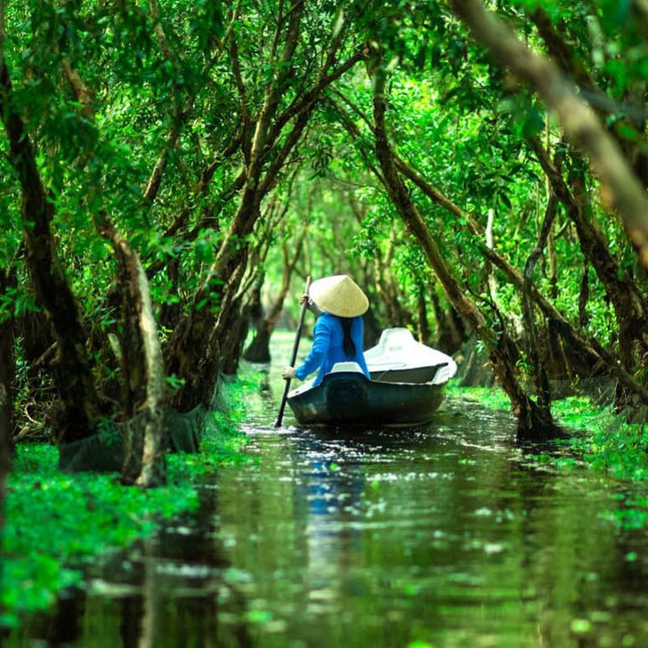 Thiếu nữ chèo thuyền trên miền sông nước ở miền Nam Việt Nam.