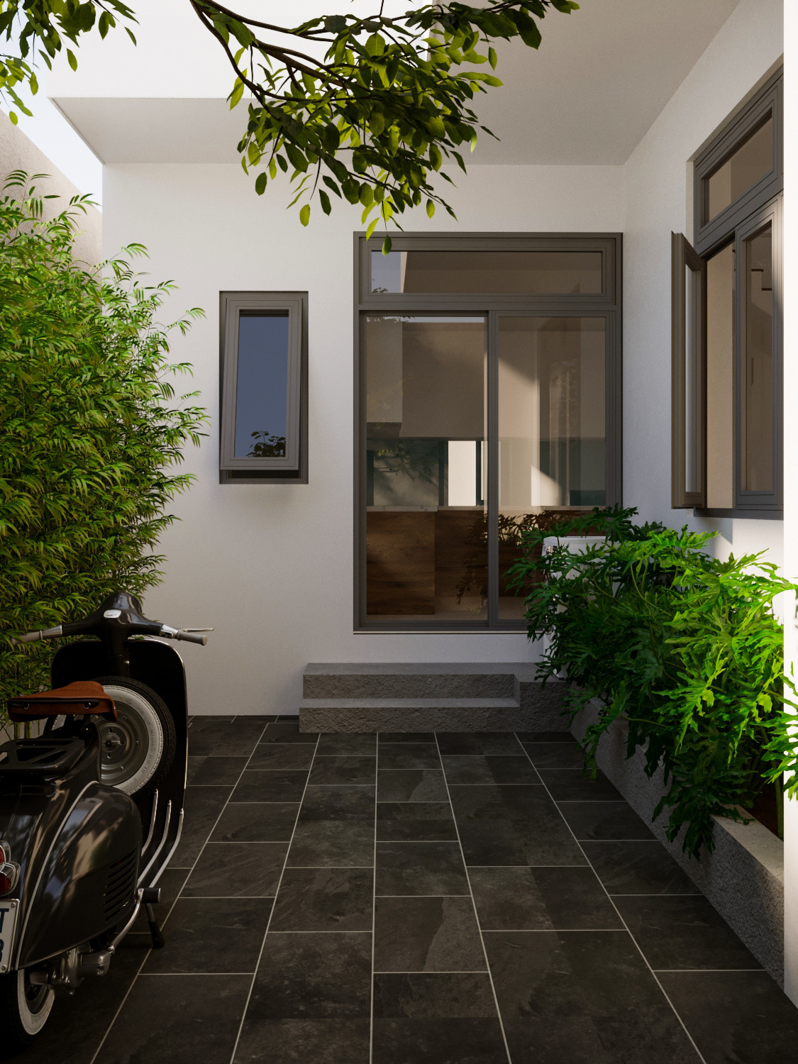 Khu sân sau đi vào thẳng bếp. Khu vực này chủ nhà để xe và kết hợp làm nơi sơ chế gà, vịt.