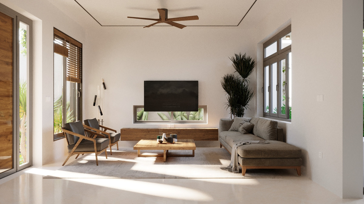 Phòng khách nhỏ xinh tràn ngập ánh sáng, nội thất đơn giản kết hợp màu xanh của cây cỏ.