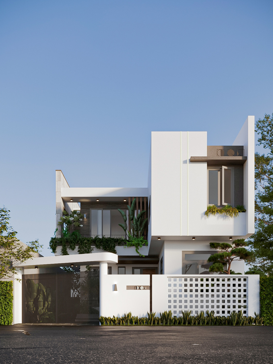 Các hình khối phía ngoài ngôi nhà đơn giản, hiện đại, nhiều ô thoáng.