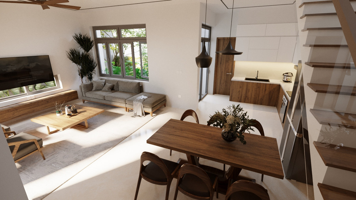 Khu vực bếp và bàn ăn được bố trí liền kề phòng khách, có lối đi riêng và khoảng sân nhỏ