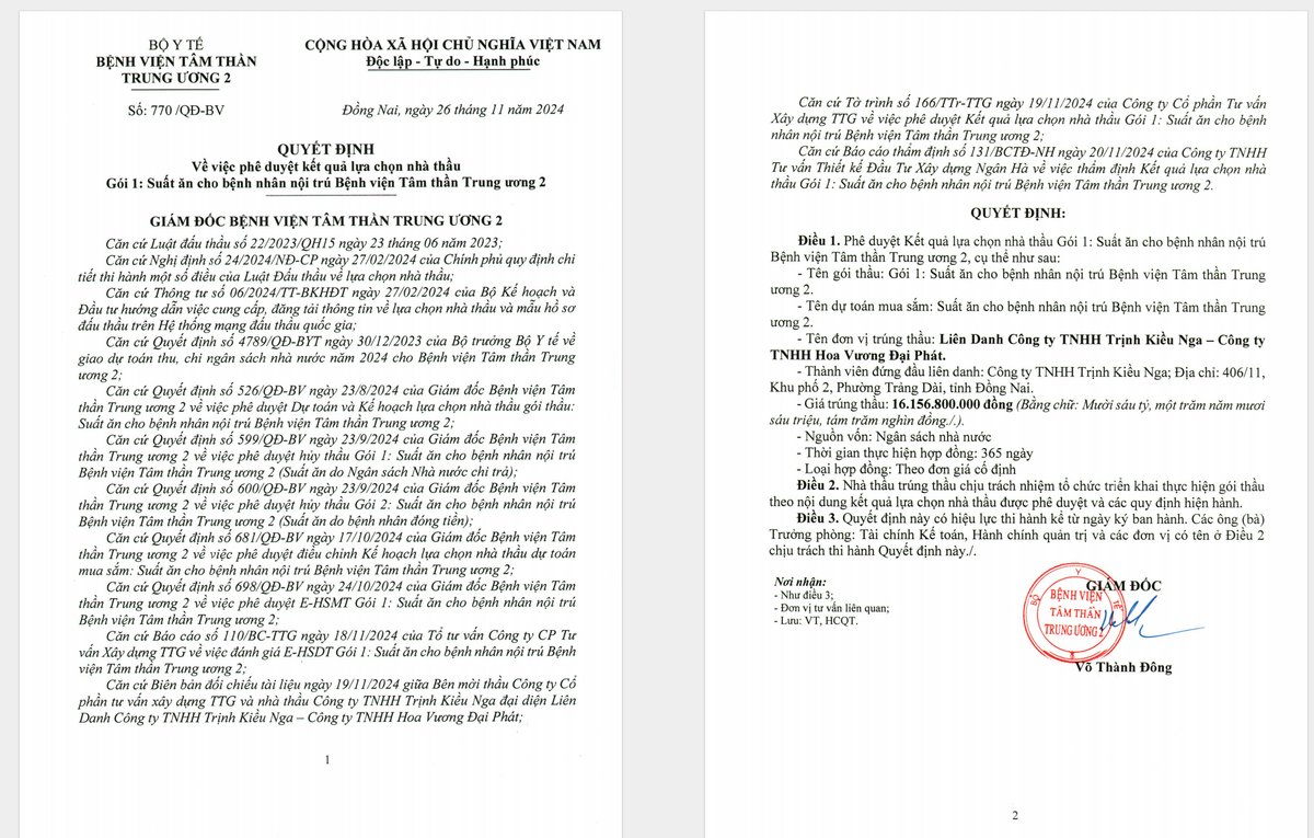 Gói thầu suất ăn 17 tỷ của BV Tâm thần TW2 đã có chủ Goi thau suat an 17 ty cua BV Tam than TW2 da co chu