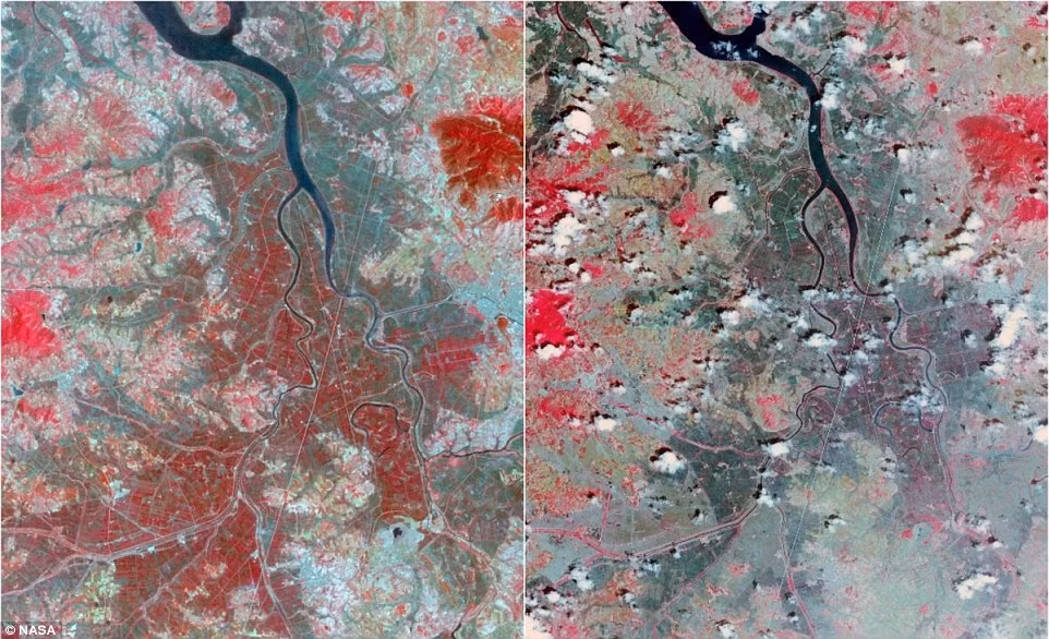 Đây là bản đồ mô phỏng thảm thực vật bị phá huỷ do hạn hán ở Bắc Triều Tiên vào năm 2002 (ký hiệu màu đỏ). Nguồn ảnh: Dailymail.