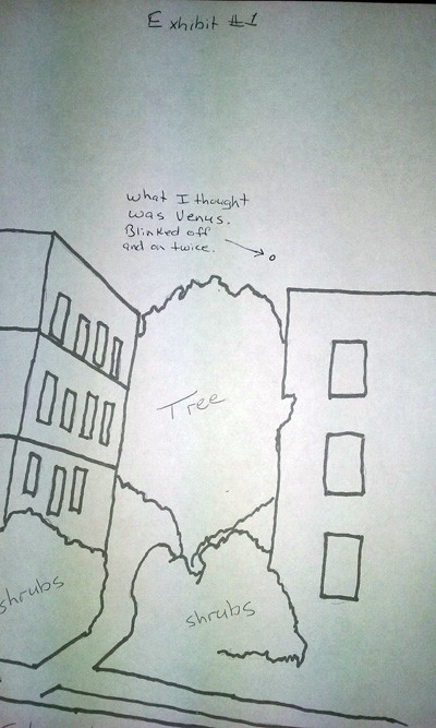 Nhân chứng ngồi trong nhà và bước ra hiên nhà lúc 7h 40 phút tối ngày 30/8/2016. Ngay phía đường chân trời tòa nhà trước mặt nhân chứng bất ngờ thấy một đốm sáng lỳ lạ. Ban đầu người này chỉ nghĩ đó là một ngôi sao. 