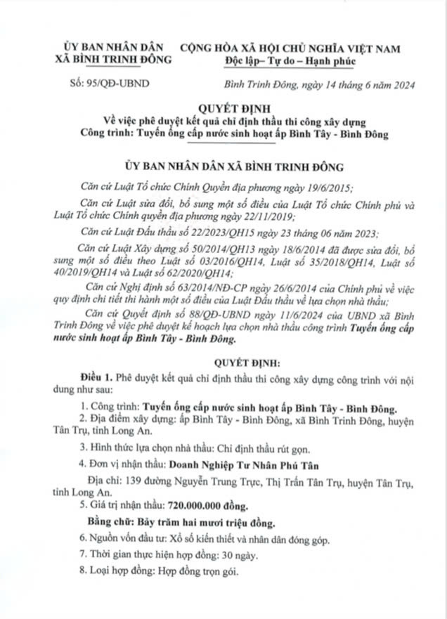 Long An: Cty Phu Tan 1 thang trung 5 goi thau tai Tan Tru