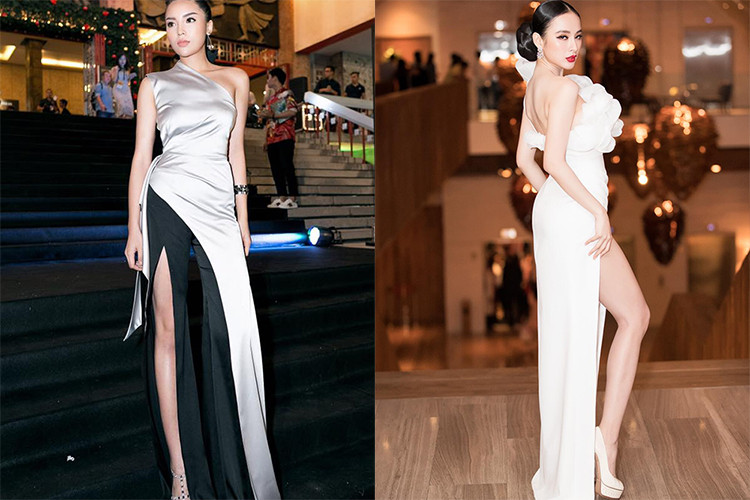 Diện đầm lệch vai xẻ tà cao, Kỳ Duyên và Angela Phương Trinh khéo khoe đôi chân thon thả.