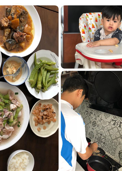 Ngọc Lan chia sẻ hình ảnh ông xã Thanh Bình tự tay nấu ăn cho vợ con.