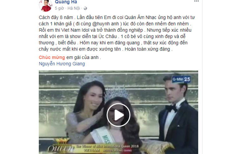 Quang Hà chia sẻ anh xúc động đến rơi nước mắt khi Hương Giang Idol đăng quang hoa hậu.