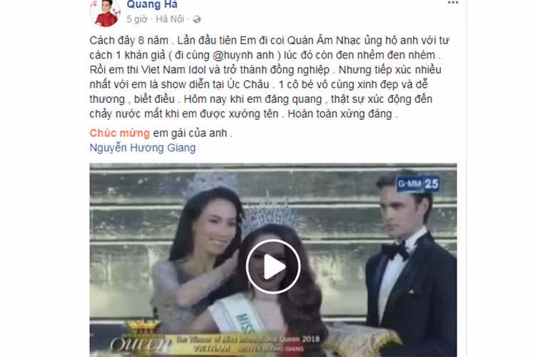 Quang Hà chia sẻ anh xúc động đến rơi nước mắt khi Hương Giang Idol đăng quang hoa hậu.