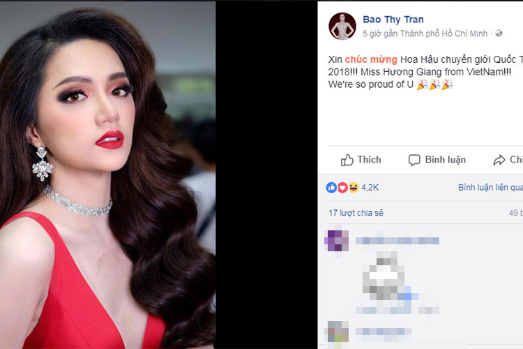 Bảo Thy chúc mừng Hương Giang giành chiến thắng tại đấu trường nhan sắc quốc tế dành cho người chuyển giới.
