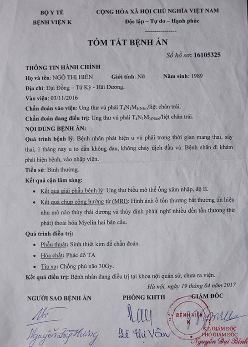 Bệnh án ung thư vú của chị Hiền.