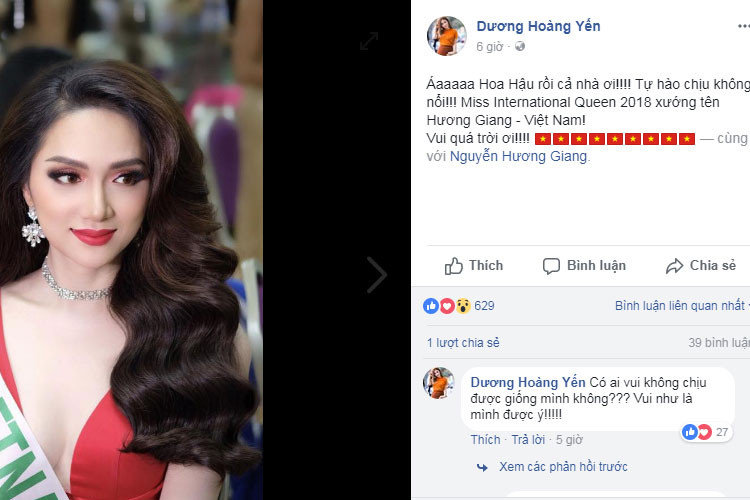 Hương Giang đoạt vương miện, Dương Hoàng Yến vui mừng như thể chính cô giành chiến thắng.