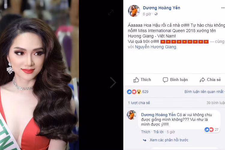 Hương Giang đoạt vương miện, Dương Hoàng Yến vui mừng như thể chính cô giành chiến thắng.