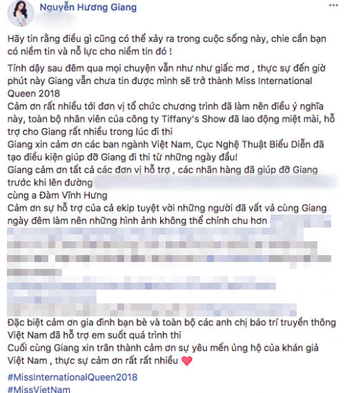 Dòng trạng thái tri ân không thể đầy đủ hơn của Hoa hậu Hương Giang.