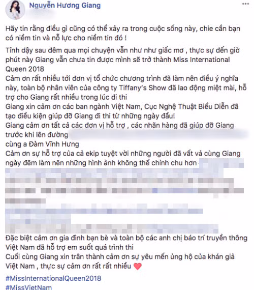 Dòng trạng thái tri ân không thể đầy đủ hơn của Hoa hậu Hương Giang.