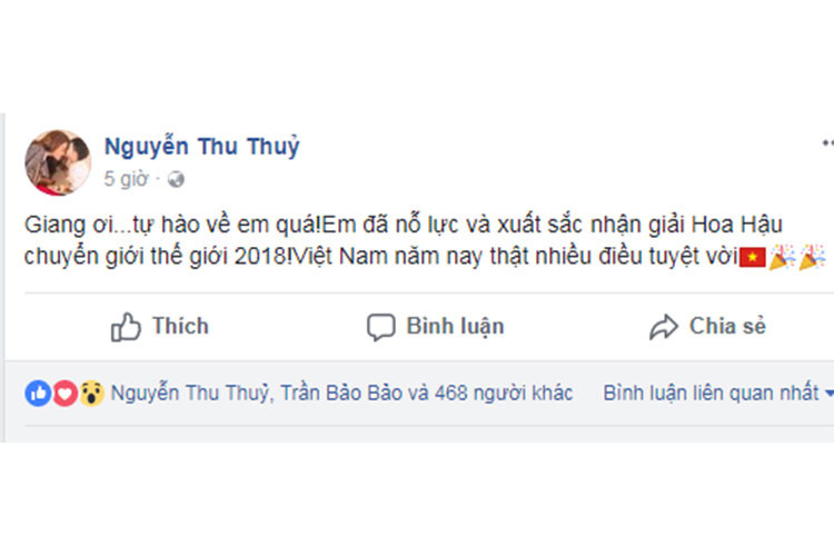 Thu Thủy tự hào về Hương Giang đã nỗ lực đoạt vương miện.