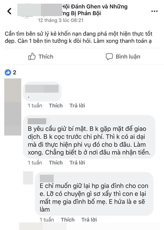 Một số chị em đăng tin tìm người 'dằn mặt' kẻ phá hoại gia đình mình - Ảnh: Facebook