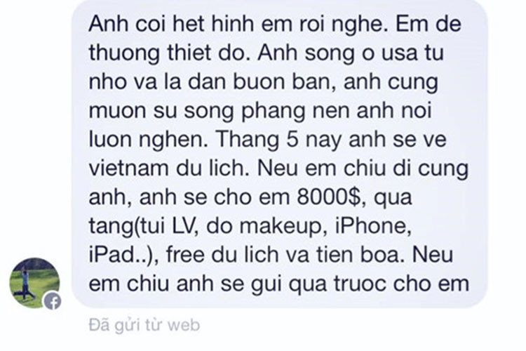 Dương Hoàng Yến cũng là một trong số sao Việt bị gạ đi khách. Cụ thể, tháng 3/2015, nữ ca sĩ chia sẻ cô bị một đại gia gạ gẫm đi du lịch cùng với giá 8000 USD kèm loạt quà tặng.