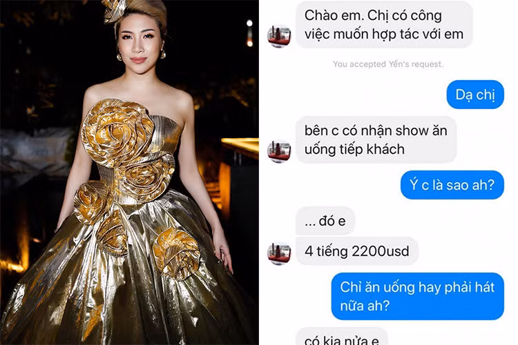 Pha Lê vừa chia sẻ tin nhắn bị rủ đi tiếp khách với giá 2200 USD (khoảng 50 triệu đồng). Nữ ca sĩ này lập tức từ chối lời đề nghị.