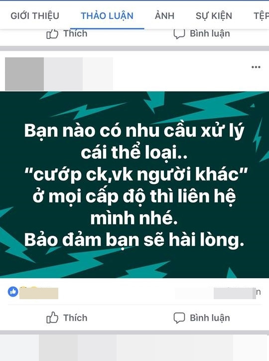 Tài khoản G.B. thường xuyên chào mời dịch vụ của mình đến những chị em có nhu cầu đánh ghen - Ảnh: Facebook