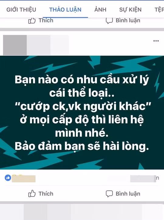 Tài khoản G.B. thường xuyên chào mời dịch vụ của mình đến những chị em có nhu cầu đánh ghen - Ảnh: Facebook