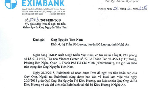 Văn bản trả lời ông Nguyễn Tiến Nam của Eximbank.