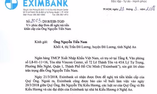 Văn bản trả lời ông Nguyễn Tiến Nam của Eximbank.