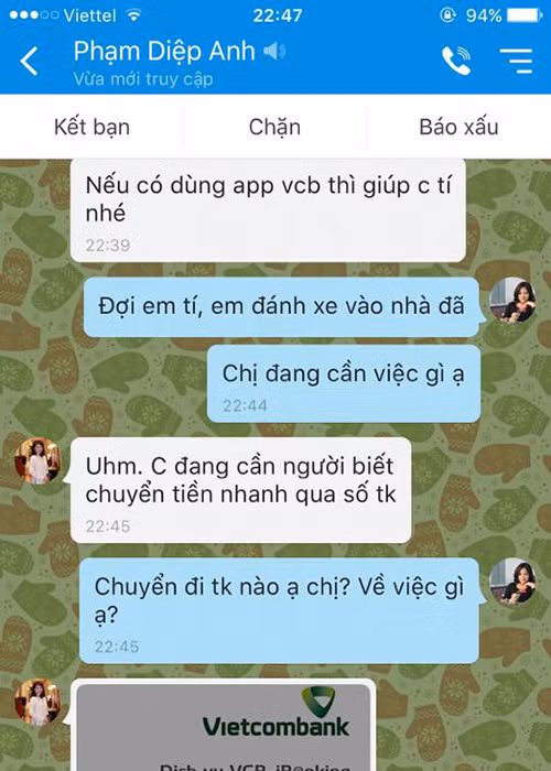Tài khoản Zalo giả mạo của Diệp Anh. Ảnh: FBNV