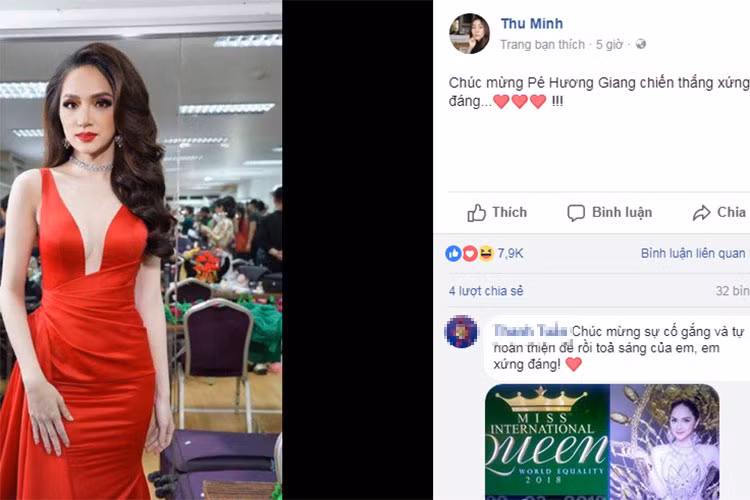 Thu Minh gửi lời chúc mừng Hương Giang, cho rằng đàn em chiến thắng đầy thuyết phục.