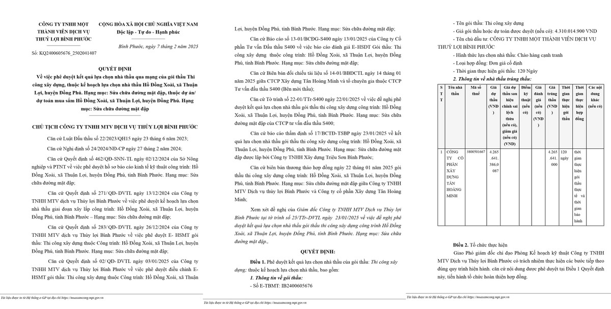 Binh Phuoc: Cty Tan Hoang Minh trung goi thau sua chua mat dap Ho Dong Xoai