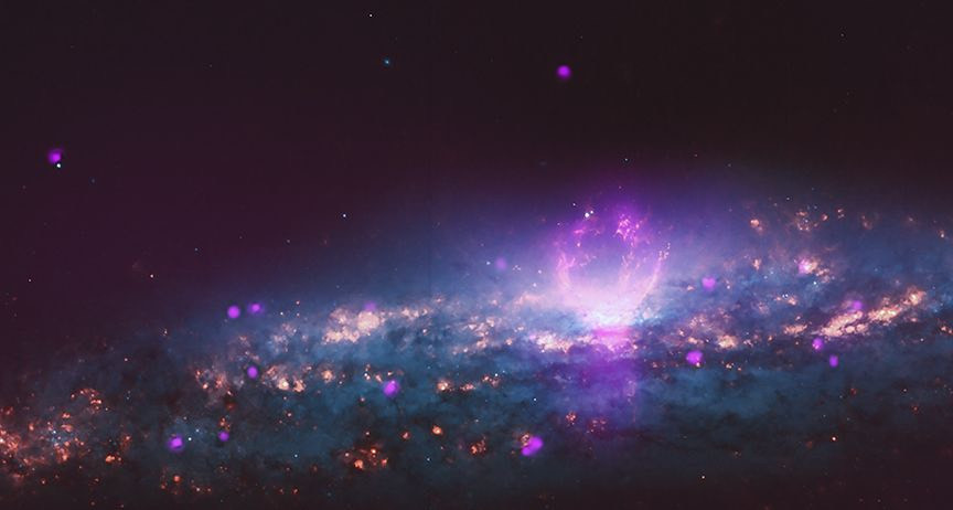 Thiên hà NGC 3079, nằm cách Trái đất 67 triệu năm ánh sáng, đang thổi bong bóng. Các cấu trúc hình cầu được hình thành khi các sóng xung kích mạnh đẩy các khí do các ngôi sao giải phóng ra xa vào không gian. Nguồn: NASA/CXC/University of Michigan/J-T Li et al; Optical: NASA/STScI.