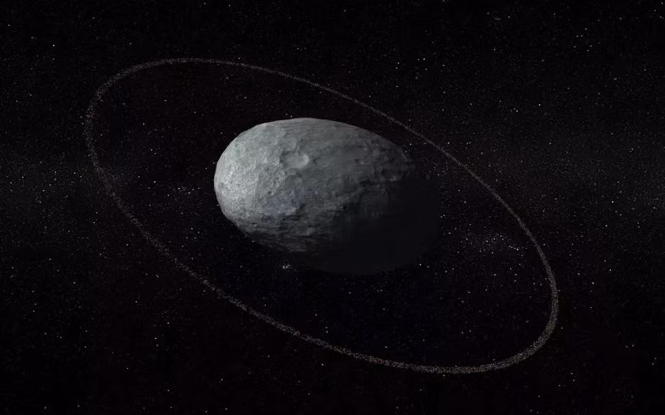 Hành tinh lùn Haumea, quay quanh Vành đai Kuiper ngoài sao Hải Vương. Nó có hình dạng thon dài kỳ lạ, hai mặt trăng và một ngày chỉ kéo dài 4 giờ, khiến nó trở thành vật thể lớn quay quanh Mặt trời nhanh nhất. Nguồn: IAA-CSIC/UHU