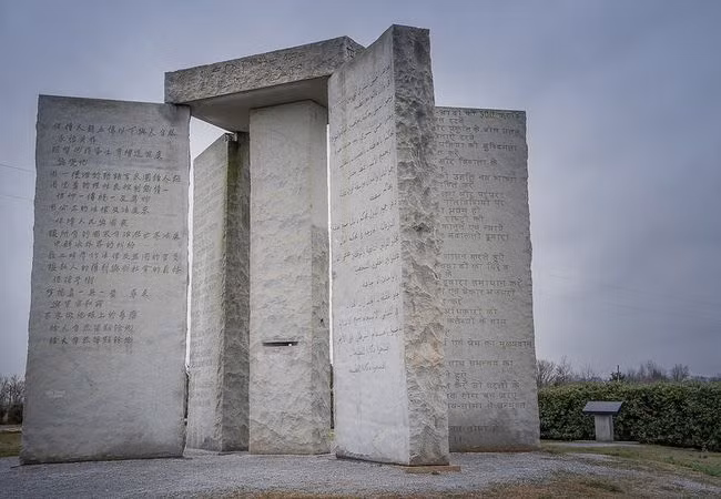 Georgia Guidestones, là một tượng đài bằng đá granit được dựng lên ở Elbert County, Georgia, vào năm 1979. Những viên đá này được khắc bằng tám ngôn ngữ. Tuy thông điệp không bị mã hóa nhưng mục đích và nguồn gốc của nó vẫn là một ẩn số. Nguồn: Dina Ẻic/flickr.