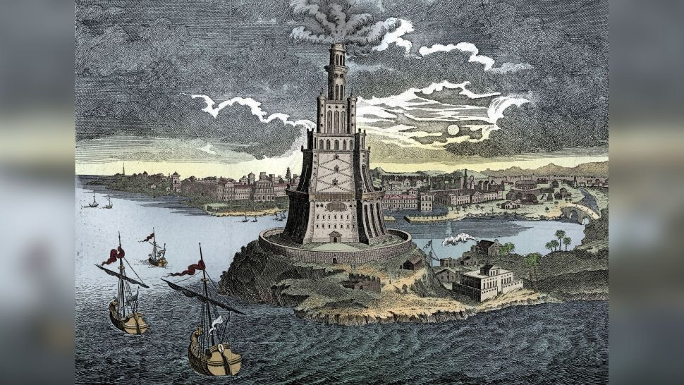Ngọn hải đăng Alexandria, Hy Lạp, được xây dựng theo lệnh của pharaoh Ptolemy II Philadelphus trị vì khoảng 285 đến 246 TCN. Ngọn hải đăng có thể cao 122m, do động đất và sự xói mòn do nước biển, ngọn hải đăng đã bị phá hủy, tuy nhiên dấu tích vẫn còn tồn tại đến ngày nay. Nguồn: The Print Collector/Getty Images