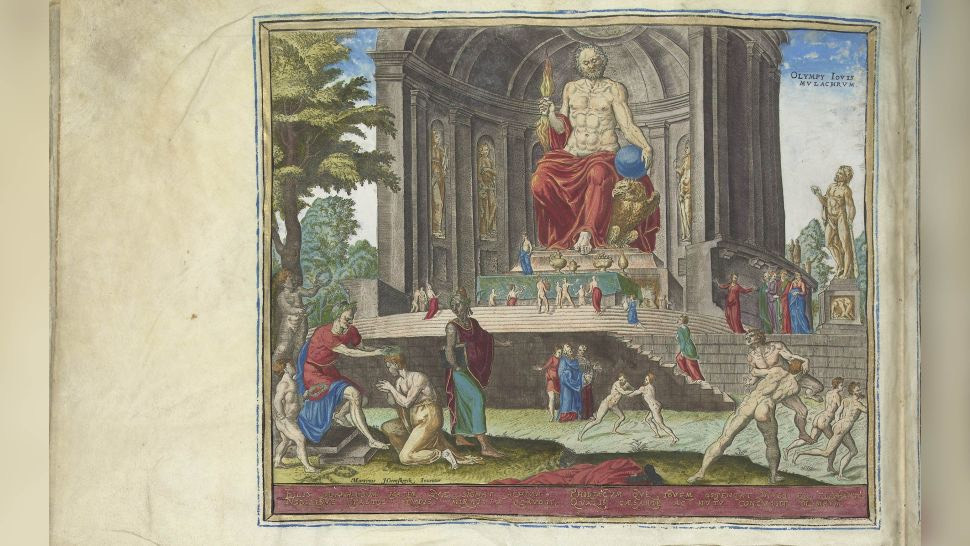 Bức tượng ngồi của vị thần Olympic chính của Hy Lạp cao 40 feet (12m), phần lớn được làm bằng ngà voi, trong hình thần Zeus ngồi gần như chạm đỉnh đầu vào trần nhà. Hoàng đế La Mã Caligula từng đã cố gắng đánh cắp nó. Nguồn: Fine Art Images/Heritage Images/Getty Images)