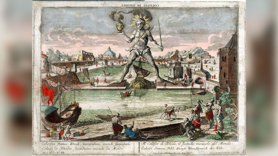 Colossus of Rhodes, một bức tượng khổng lồ mô tả thần mặt trời Hy Lạp Helios, được xây dựng trên một hòn đảo ngoài khơi biển Thổ Nhĩ Kỳ vào khoảng năm 280TCN. Dựa vào các mô tả của các nhà văn cổ đại thì bức tượng cao khoảng 49m. Nguồn: Fine Art Images/Heritage Images/Getty Images
