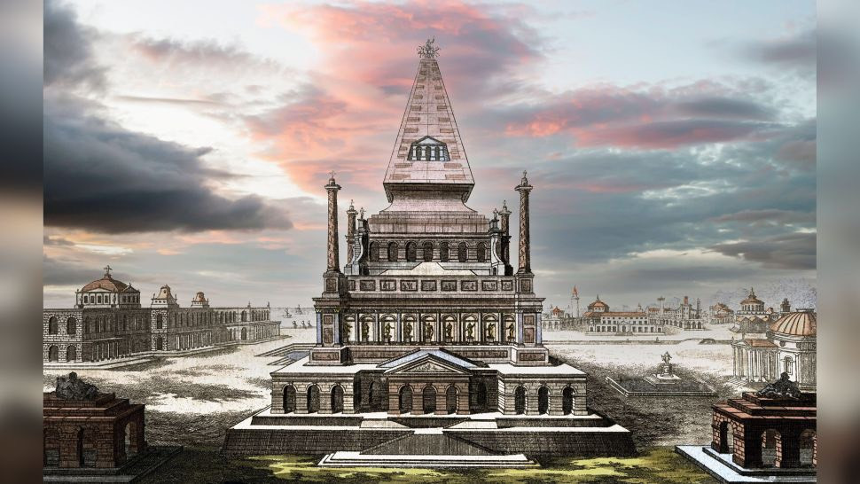 Lăng mộ Mausolus ở Halicarnassus, Thổ Nhĩ Kỳ, ở đây thờ một vị thần của Caria ở phía Bắc Anatolia. Lăng mộ cao 43m có đế hình kim tự tháp với 63 cột đỉnh. Dấu tích của lăng vẫn còn tồn tại nhưng sự bào mòn của thời gian cùng với việc tái sử dụng đá cho các công trình khác đã khiến lăng bị đổ nát. Nguồn: Classic Image/Alamy