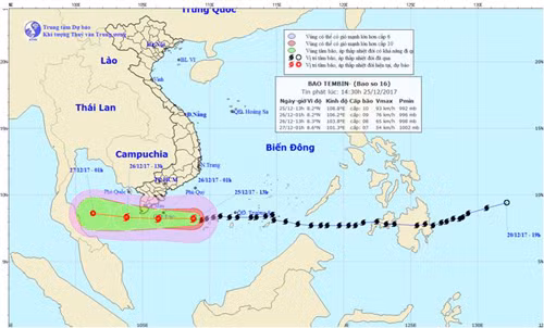 Đường đi và vị trí của bão Tembin được ghi nhận vào chiều 25/12.