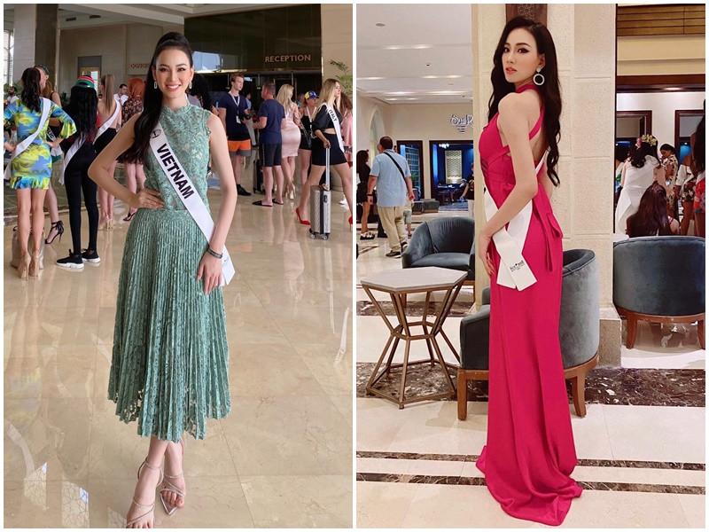 Ái Nhi còn nhờ bạn cùng phòng và các thí sinh khác hỗ trợ về trang phục, phụ kiện. Ảnh: FB Ái Nhi