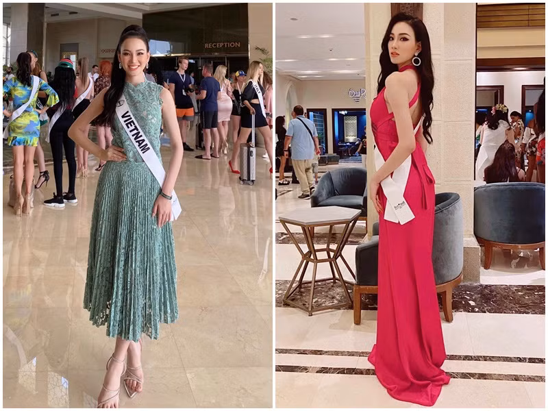 Ái Nhi còn nhờ bạn cùng phòng và các thí sinh khác hỗ trợ về trang phục, phụ kiện. Ảnh: FB Ái Nhi