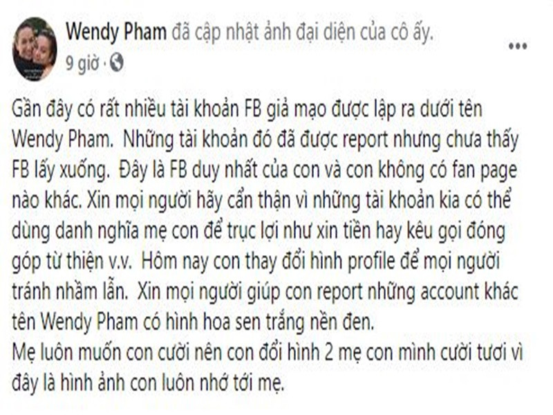 Con gái Phi Nhung còn cảnh báo các tài khoản giả mạo cô có thể dùng danh nghĩa Phi Nhung để trục lợi như xin tiền, kêu gọi từ thiện. Ảnh: chụp màn hình