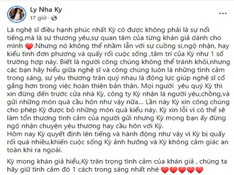 Nữ diễn viên mong fan cuồng không tiếp tục quấy rối cô. “Kỳ xin lỗi vì có thể sẽ làm tổn thương tình cảm của người gửi nhưng Kỳ mong bạn ấy đừng ngộ nhận chuyện yêu thương hay cầu hôn với Kỳ. Hôm nay, Kỳ quyết định lên tiếng và hành động như vậy vì Kỳ bị quấy rối quá nhiều, khiến cuộc sống Kỳ ảnh hưởng và Kỳ không cảm giác an toàn khi ra ngoài”, Lý Nhã Kỳ cho hay. Ảnh: FB Lý Nhã Kỳ