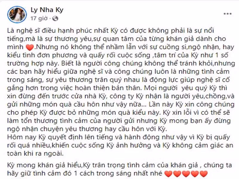 Nữ diễn viên mong fan cuồng không tiếp tục quấy rối cô. “Kỳ xin lỗi vì có thể sẽ làm tổn thương tình cảm của người gửi nhưng Kỳ mong bạn ấy đừng ngộ nhận chuyện yêu thương hay cầu hôn với Kỳ. Hôm nay, Kỳ quyết định lên tiếng và hành động như vậy vì Kỳ bị quấy rối quá nhiều, khiến cuộc sống Kỳ ảnh hưởng và Kỳ không cảm giác an toàn khi ra ngoài”, Lý Nhã Kỳ cho hay. Ảnh: FB Lý Nhã Kỳ