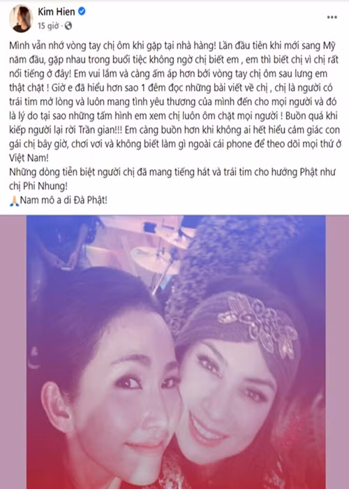 Sau đó, Kim Hiền đăng tải ảnh chụp cùng Phi Nhung, chia sẻ kỷ niệm với cố ca sĩ. Ảnh: Yan