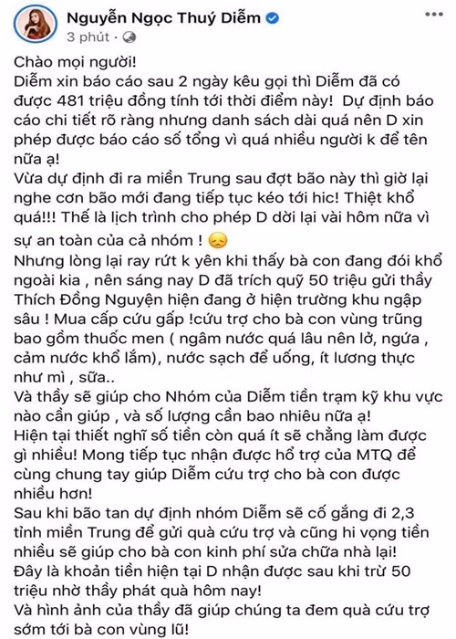 Thúy Diễm từng có những bài viết cập nhật các khoản giải ngân. Ảnh: Vietnamnet